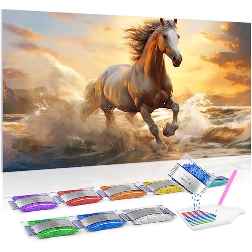 Kit de diamond painting completo de caballo en la playa, manualidad de mosaico 70x40 cm