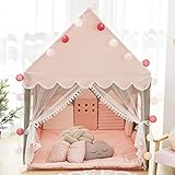 Kids Play Tent with Mat Pink, Ball String Lights, Avrsol Large Playhouse Children Play Castle Tent for Girls Birthday Gift