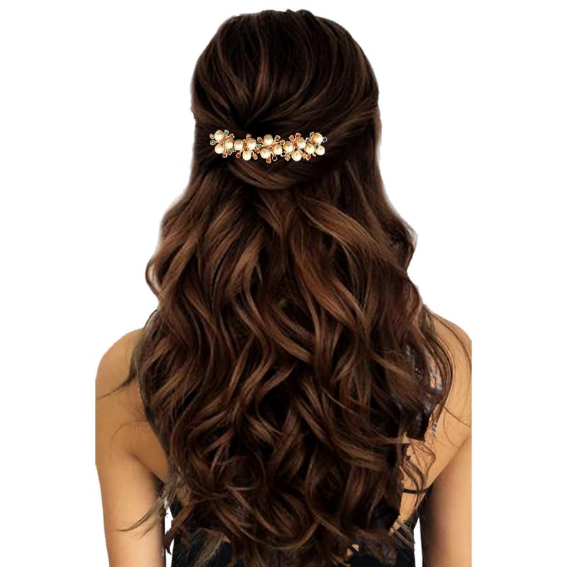 Hair Flare Bridal Hair Barrette with Pearls & Flowers | Elegant Tone Wedding Hair Clip with Crystals | Women’s Party, Bridesmaid & Formal Hair Accessory | Multi