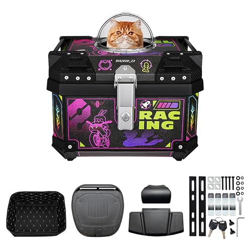 QIYAONUOバイクリアボックス 36L/45L/57L 大容量 ペット専用トップケース 取り付けベース付き 着脱も簡単 旅行 キャンプ ペットクレート 防水バイク用リアボックス バックレスト付き ハード クレート (36L-パンク(パープル))