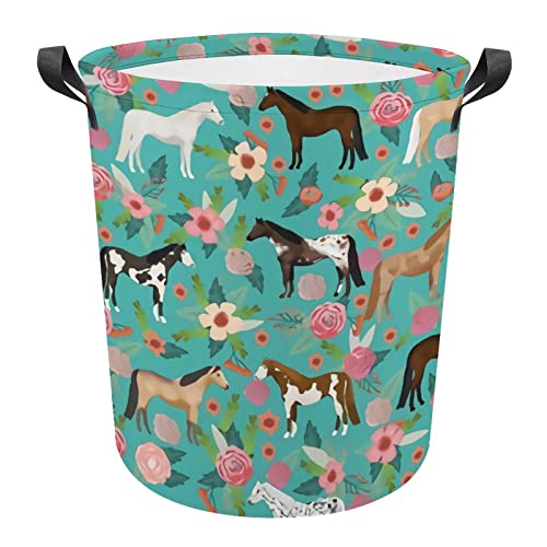 Image of XIUXIN Horse Multi Coat Floral Horses Laundry Basket Collapsible Organizer Storage for Boys Girls Hamper Bins Gift Baskets Bedroom Clothes Nursery, 17.3''H x 16.5''D