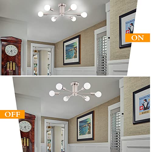 Wtyuio Semi Flush Mount Ceiling Light Fixture 6 Lights, Modern Sputnik Chandelier, Mid Century Pendant Light Fixture For Bedroom, Living Room, Dining Room, Kitchen, Hallway, Foyer, Nickel #TOP6