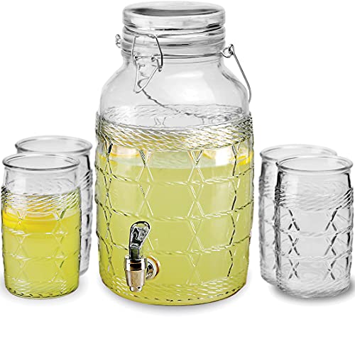 Circleware Wicker Entertainment Set, Beverage Dispenser With Hermetic Locking Lid And 4 Glasses, Glassware Pitcher for Water, Juice, Beer Wine Liquor, Kombucha & Cold Drinks, 128 oz & 4x16 oz
