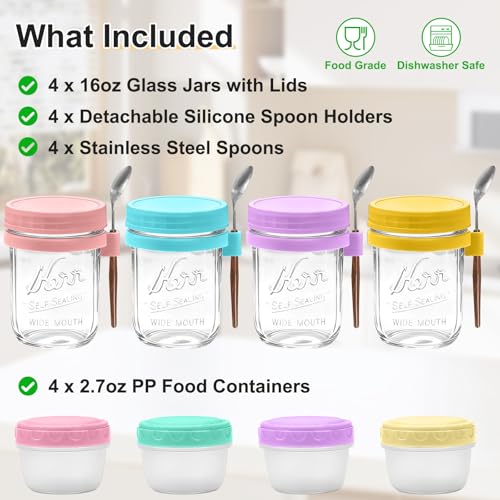 Image of Mason Jars, 16 oz Overnight Oats Containers with Lids, Spoons & 2.7 oz Jars | 4 Pack Wide Mouth Glass Mason Jars, Leakproof Overnight Oats Jars, Glass Food Storage Jar for Meal Prep, Yogurt, Chia Pudding