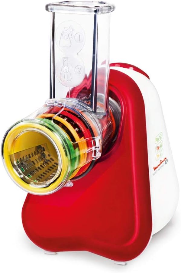 Moulinex Fresh Express Plus, Elektrisches Schnitzelwerk, Gemüseschneider, Gemüsehobel, 5 Einsätze inkl. Reiben, 150W, Metallic-rot, weiß, Made in France, DJ756G, 200Watt