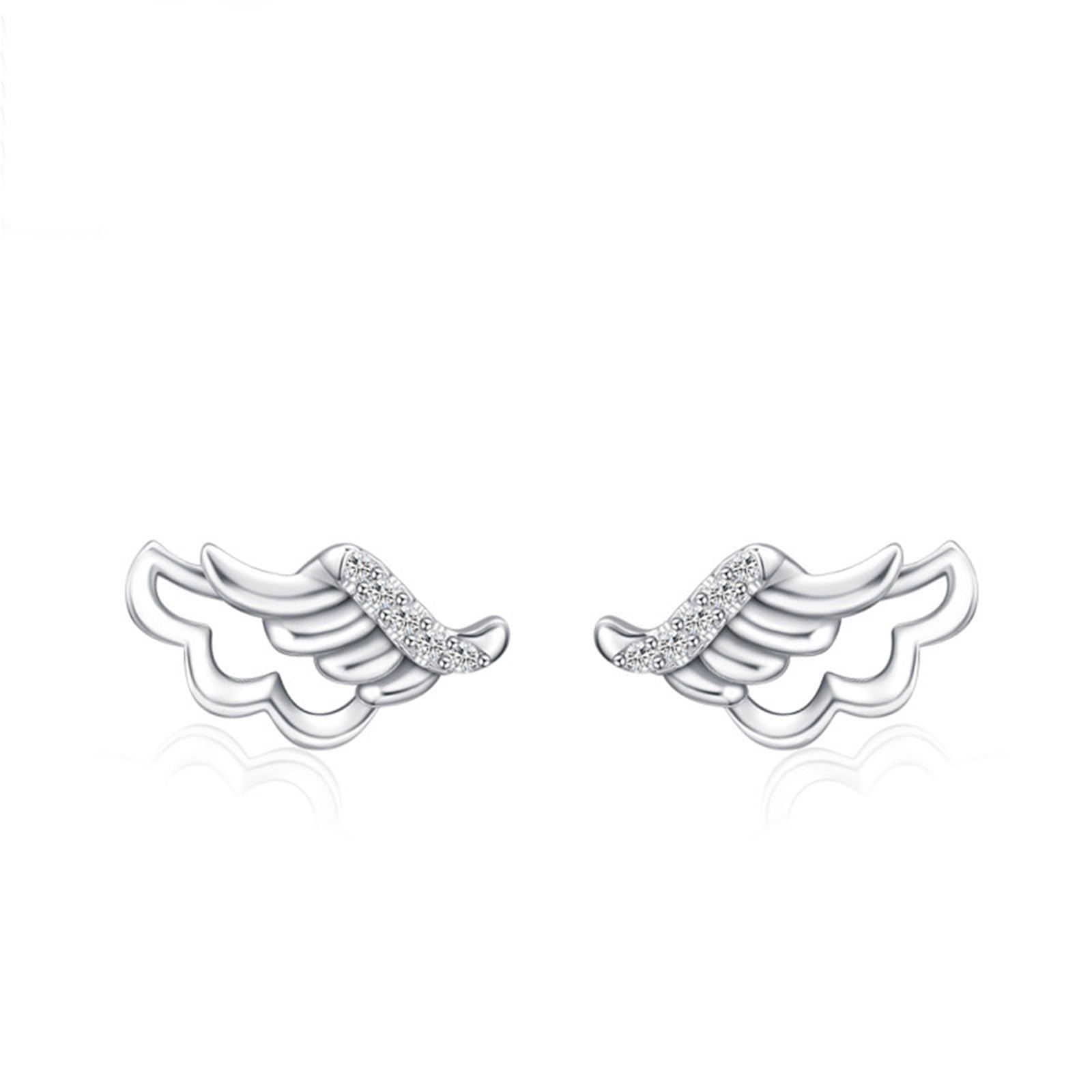 Pendientes de tuerca de oro blanco para mujer, diseño de alas de ángel huecas de oro blanco de 14 quilates con moissanita redonda, cartílago de hélice, aretes para mujer, madre, esposa, hija