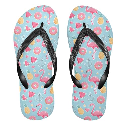 ALAZA Flamingo Doughnut Pineapple Watermelon Flip Flops for Women Fashion Beach Slippers Comfort Mens Flip Flops Non-Slip Rubber Shower Slippers Sandal for Hotel Travel Sport,XS