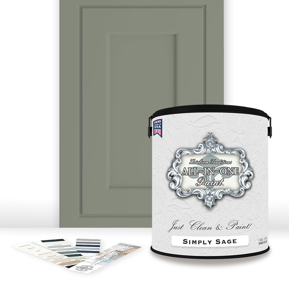 Heirloom Traditions ALL-IN-ONE Paint, Simply Sage (gray green), Gallon - Durable cabinet and furniture paint. Built in primer and top coat, no sanding