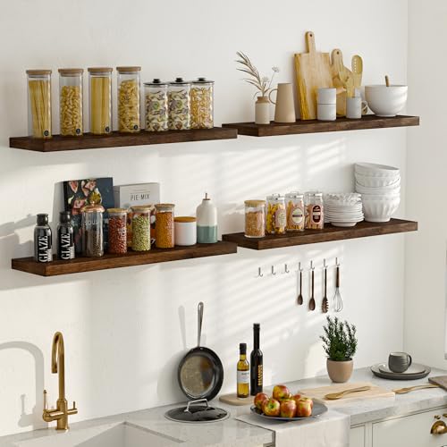 Image of Fun Memories Floating Shelves for Wall, 60 inchx9.3 inch Rustic Solid Elm Wood Wall Shelves, Heavy-Duty Floating Shelves with Invisible Brackets for Living Room, Bedroom, and Kitchen, Walnut Finish