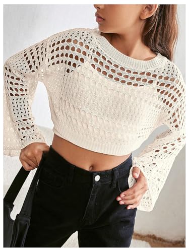 Image of RoseSeek Girl's Hollow Out Knitted Crop Sweater Long Sleeve Crew Neck Drop Shoulder Sheer Pullovers Knitwear
