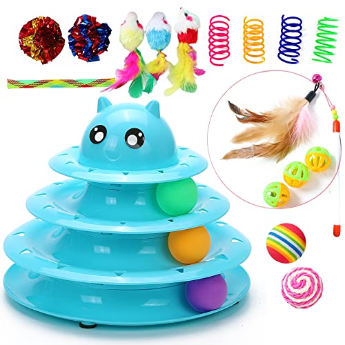 Vealind Cat Toys Bundle 21 PCS Kitten Toy for Indoor Cats Roller Balls Interactive Fun Roller 4 Level Cat Tower for Exerciser Wand Kitty Toy Set