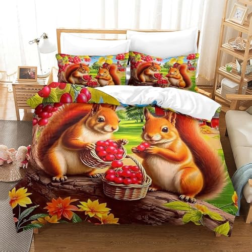 Impresión 3D Squirrel Juego De Ropa De Cama con Cierre De Cremallera Funda De Almohada Juego De Funda De Edredón Microfibra Super King（260x220cm）