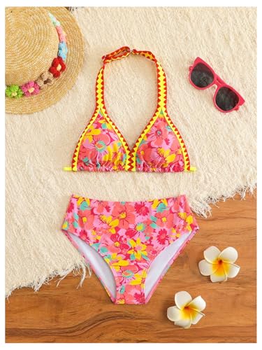 Girl's 2 Piece Floral Print Swimsuits Halter Triangle Bikini Boho High Waisted Bathing Suit3