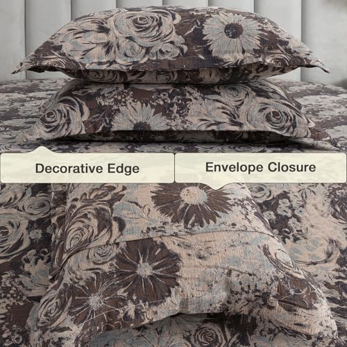 Image of Brown Floral Muslin Sheets Queen, Shabby Rose Daisy Chic Soft Deep Pocket Sheet Set, Dark Flower Luxury Vintage Bed Sheets, Cottage Core Designer Bedding, 100% Washed Cotton, 4Pcs