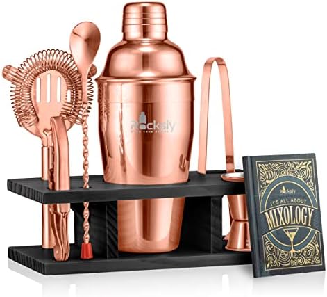 ROCKSLY Mixology Bartender Kit and Cocktail Shaker Set for Drink Mixing | Mixology Set with 6 Bar Set Tools and Pinewood Stand Makes It The Perfect Home Cocktail Kit | Complete Bartender Kit (Copper)