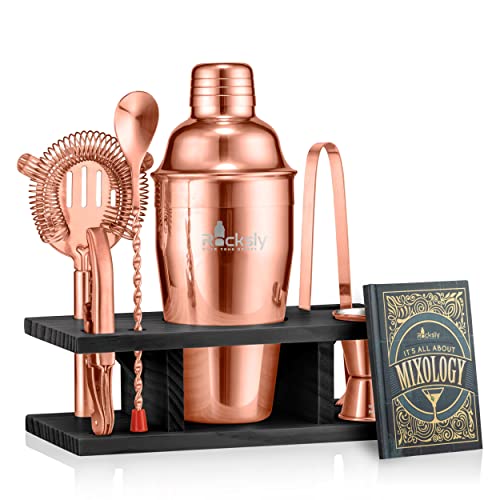 Rocksly Mixology Bartender Kit And Cocktail Shaker Set For Drink Mixing | Mixology Set With 6 Bar Set Tools And Pinewood Stand Makes It The Perfect Home Cocktail Kit | Complete Bartender Kit (Copper) #TOP2