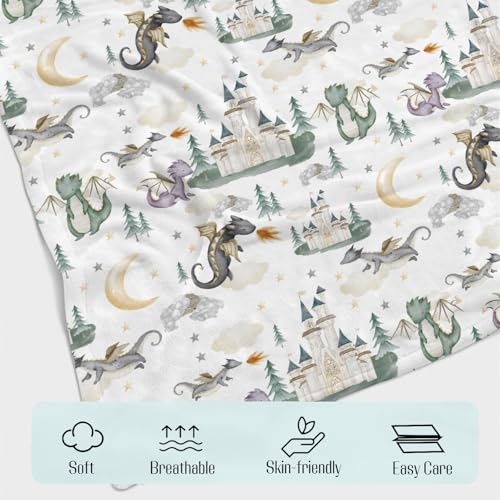Image of Baby Boy Girl Blankets Dragon Tale Castle, Watercolor Green Moon Clouds Stars Tree Soft Lightweight Nursery Receiving Swaddle, Flannel Newborn Infant Toddler Crib Bedding Kids Gift 30 x 40