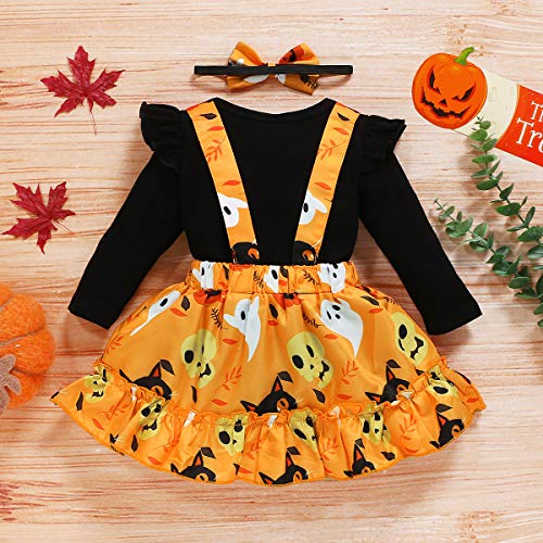 Halloween Baby Girl Clothes, Thanksgiving Toddler Girl Outfit Ruffle Top+Pumpkin Print Skirt Sets+Headband Black - Thumbnail 6