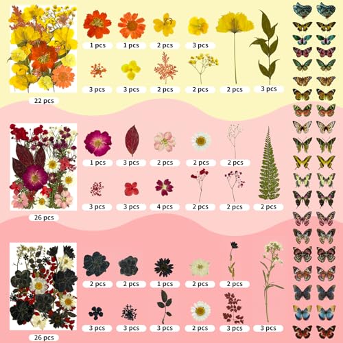 Image of 303Pcs Dried Pressed Flowers for Crafts, Dried Pressed Flowers for Resin, Natural Dried Flowers Kit with 80pcs Butterfly Stickers for DIY Resin Molds, Candles, Photo Frames, Jewelry Making, Art Crafts