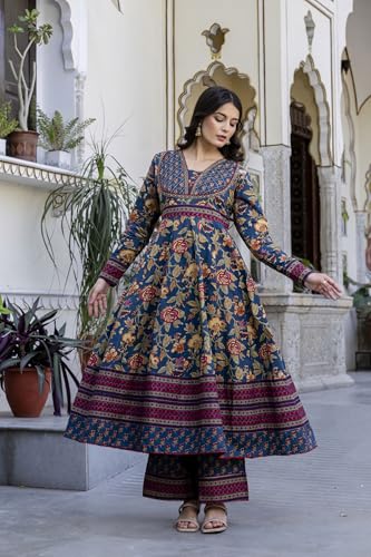 Image of Pistaa's Women's Pure Cotton Anarkali Floral Printed Kurta with Palazzo & Dupatta Set