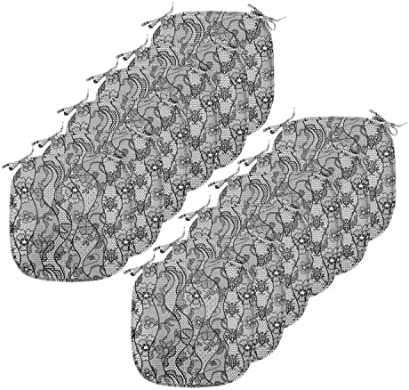 Ambesonne Floral Chair Seating Cushion Set of 12, Lace Gothic Pattern with Flower Effect and Leaves Ornamental Antique Feminine Design, Seat Pads for Office with Anti-slip Backing, 16"x16", Black Grey