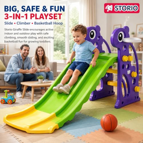 Image of Storio Giraffe Slide for Kids with Basketball Hoop | Indoor Outdoor Toddler Climber Playset for 2+ Years | Safe & Sturdy Plastic Garden Slide Toy for Boys & Girls - Green Purple Yellow
