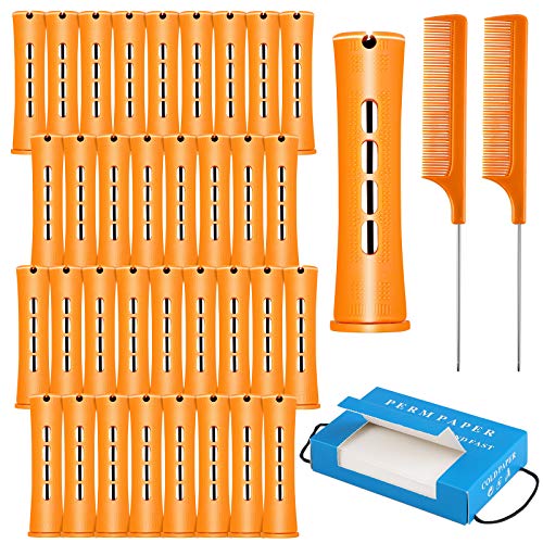 Elcoho 48 Pieces Orange Hair Perm Rods, 3.3 x 0.86 Inch Curler Perm Rods Cold Wave Perming Rods with 2 Steel Pintail Comb and 300 Pieces Perm Paper, for Hairdressing Styling