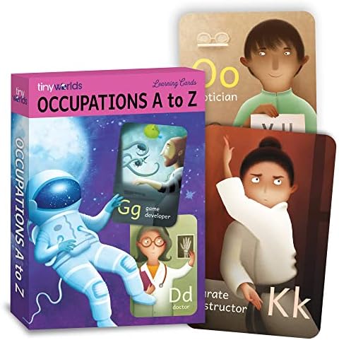 Tiny Worlds: Alphabet ABC Flash Cards, A to Z, A-Z Occupations Vocabulary Learning Cards, Flash Card For Kids 4 to 8 Years, Set Of 26 Flash Cards, Tear Resistant & Waterproof