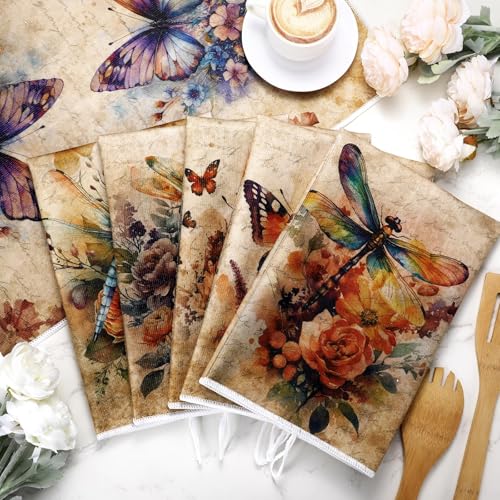 Image of Bencailor 6 Pcs Butterfly Flower Kitchen Towels Decorative Sets Dish Towels Absorbent Fast Drying Hand Tea Vintage Hanging Reusable Cleaning Dishcloths for Cooking Farmhouse Bathroom Accessory