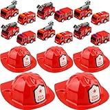 Flotory 24 Pcs Fireman Party Favors Inlcude 12 Plastic Firefighter Hat 12 Mini Pullback Fire Trucks Toy Engine Car Fire Chief Hat for Kids Firefighter Birthday Party Supplies Bag Filler Gift