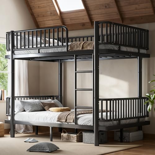 Bellemave Metal Full Over Full Bunk Bed for Adults/Kids Heavy Duty Adults Bunk Beds with Rounded Guardrail & Anti-Noise Slats Convertible Bunk Beds for Teens Black