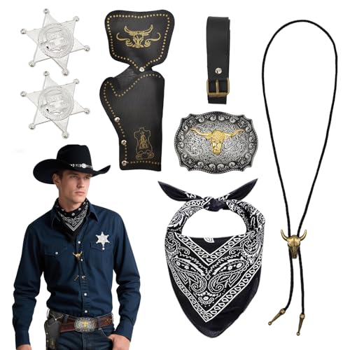 SAIIURV 7 Pièces Cowboy Costume Accessoires Set, Western Cowboy Cosplay Costume Set avec Bandana Etui Ceinture Boucle Bolo Cravate Collier Badge, Déguisement pour Adulte Hippie Carnaval Cosplay (Noir)
