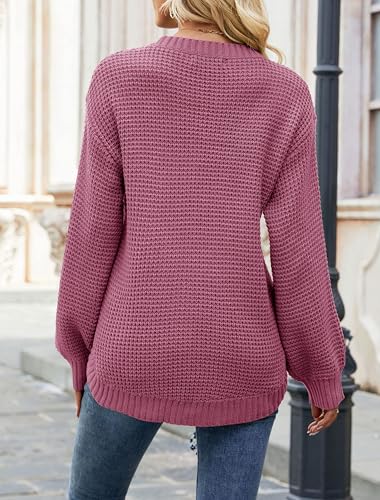 Image of MEROKEETY Women's Fall Long Sleeve Waffle Knit Oversized Sweater | Fall Fashion, Crew Neck, Tunic, Dressy Casual, Trendy, Cute, Pullover Tops, Long Lantern Sleeves, Loose Fit, Drop Shoulder