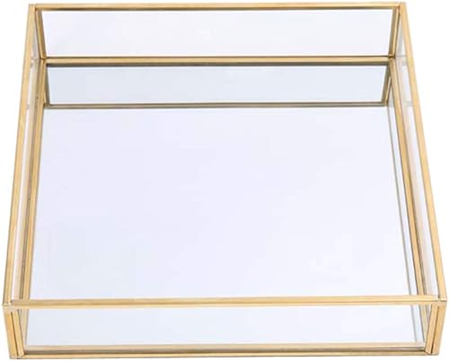 Sooyee Bandeja de espejo dorada, bandeja cuadrada para espejo que puede contener joyas, perfumes, maquillaje, desayuno, té, alimentos, revistas y