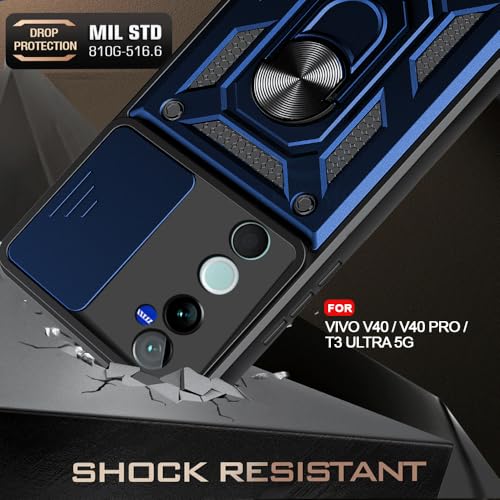 Image of AESTMO Polycarbonate Tough Armor Vivo V40 /V40 Pro /T3 Ultra 5G Bumper Back Case Cover|Ring Holder & Sliding Camera Cover|360 Degree Protection Back Case Cover for Vivo V40 /V40 Pro /T3 Ultra 5G (Blue)