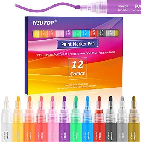 12 Colors Paint Markers, Acrylic Paint Pens for Rock Painting, Stone, Halloween Pumpkin Decorating Ornaments Paint for Kids Adults DIY Marking, Ceramic, Wood, Art Craft Painting Supplies, Medium Tip Cover