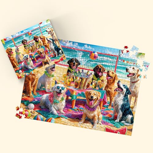 Rompecabezas para adultos de 1000 piezas: 'Doggo Beach Bash', escena playera con perros, decoración para fiestas, tamaño final 27,56 x 19,69 pulgadas, incluye póster a escala 1:1 y letra en el reverso miniatura 7