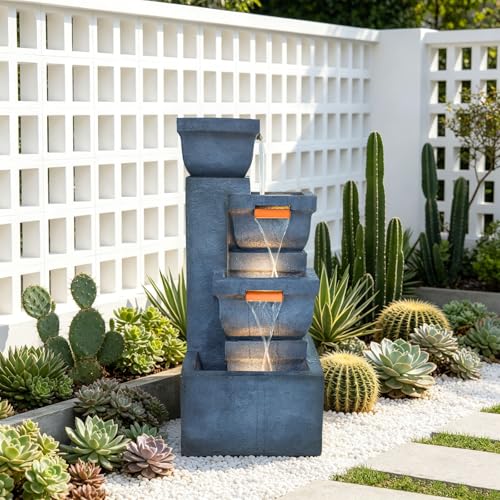 Image of 4-Tier Rock Outdoor Water Fountain, Resin with LED Light, 42 in | Cascading waterfall feature, indoor & outdoor available, decor for garden, patio, backyard and porch