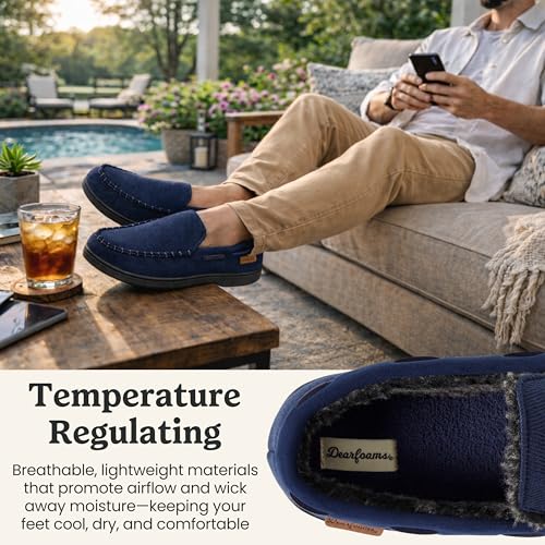 Image of Dearfoams Men's Keaton Moccasin House Shoes With Memory Foam, Indoor Slippers With Wide Widths
