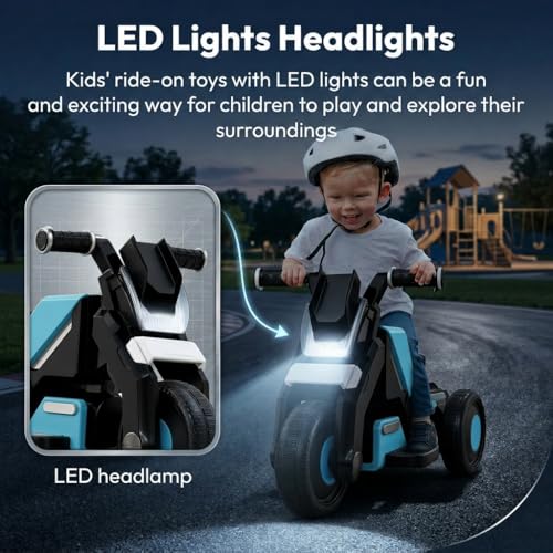 Image of StarAndDaisy Electric Ride-On Bike for Kids, Toddlers & Baby - 3 Wheel Rechargeable 6V Motorcycle with LED Lights, Bluetooth, USB, Foot Acceleration and Comfortable Seat (Blue)