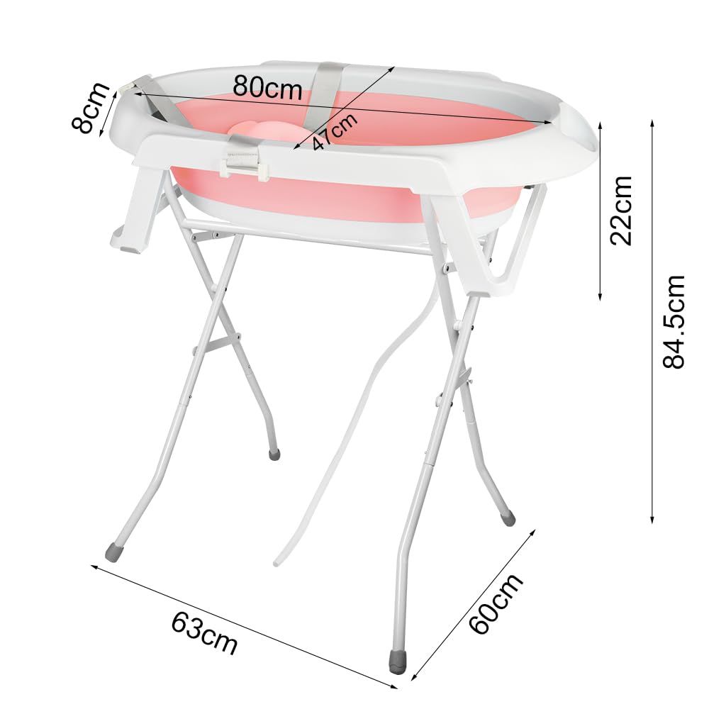 OHMG Bañera para bebé con estructura de 82 cm, bañera plegable para bebés con soporte antideslizante, bañera para bebés recién nacidos, gran volumen (rosa-66 x 61 x 82 cm)