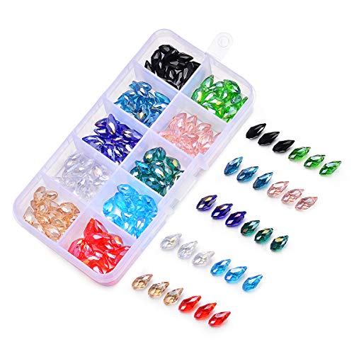 SROMAY 150pcs 6x12mm Teardrop Glass Crystal Beads, Briollete Top Drilled Shape Assorted AB Color Faceted Beads Pendants for Jewelry Making with Container Box