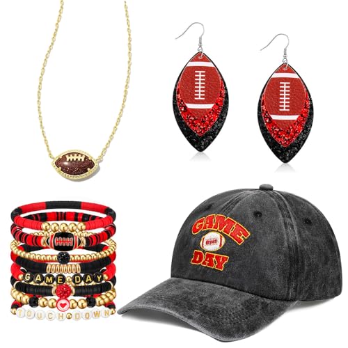 11PCS Football Game Day Accessories for Women Set, Embroidered Football Hat Football Necklace Beaded Stretch Bracelets and Earrings for Women,Football Mom Jewelry Gifts Accessories