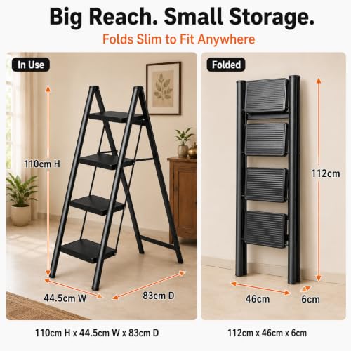 Image of Equal 4 Step Advance Foldable Step Ladder for Home | Carbon Steel | Wide Anti-Slip Steps | 150 Kg Capacity | 3 Year Warranty | Grey