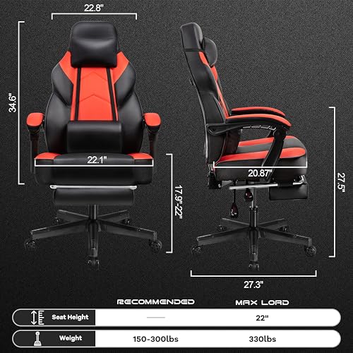 Gaming Chair with Footrest, Video Game Chair for Adults, Big and Tall Computer Chair with Massage Lumbar Support 330lb Weight Capacity, Ergonomic Adjustable Height and 360° Swivel Seat (Red) - Image 6