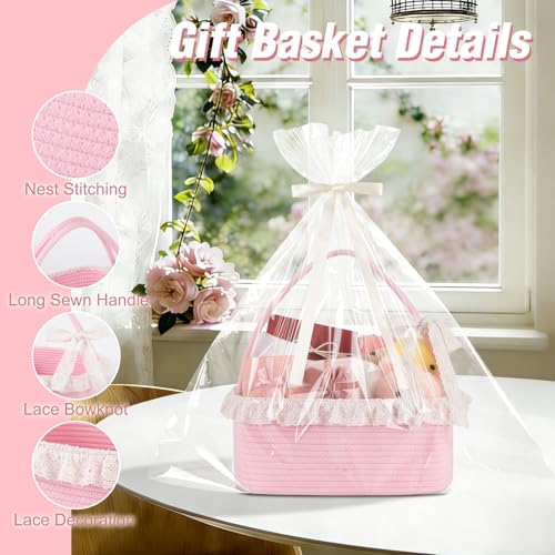 Image of OIAHOMY Gift Basket with Long Handles, Large Woven Baskets for Gifts with Gift Bag, Ribbons and Lace, Cotton Rope Storage Basket for Birthdays, Baby Showers, Picnic, Wedding DIY Presents - Pink