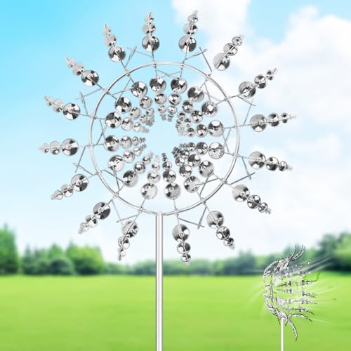 DASIAUTOEM Magische Windmühle 3D Windrad Edelstahl Windspiel Garten mit Gartenpfahl Wind Spinner im Freien 360 Dual Rotors kinetische Wind Spinner für Hof Garten Terrasse Dekoration (Silber)