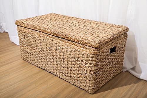 Wholestory Collective Handwoven Wicker 35" Banana Leaf Storage Trunk And Chest Toybox Xl Organizers With Lid, Natural Color With Handles #TOP4