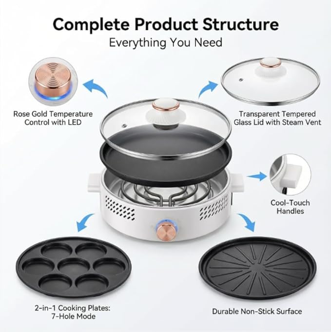 Sartén Eléctrica Familiar Antiadherente 900W 110V con Tapa de Vidrio miniatura 6