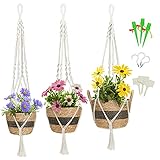 Greenstell Hanging Planters with Planter Basket, Set of 3 Plant Hangers, Seagrass Basket with 3 Hooks, DIY T-Type Tags, Hand Woven Storage Flower Pot with Waterproof Plastic Liner for Home Decor Black